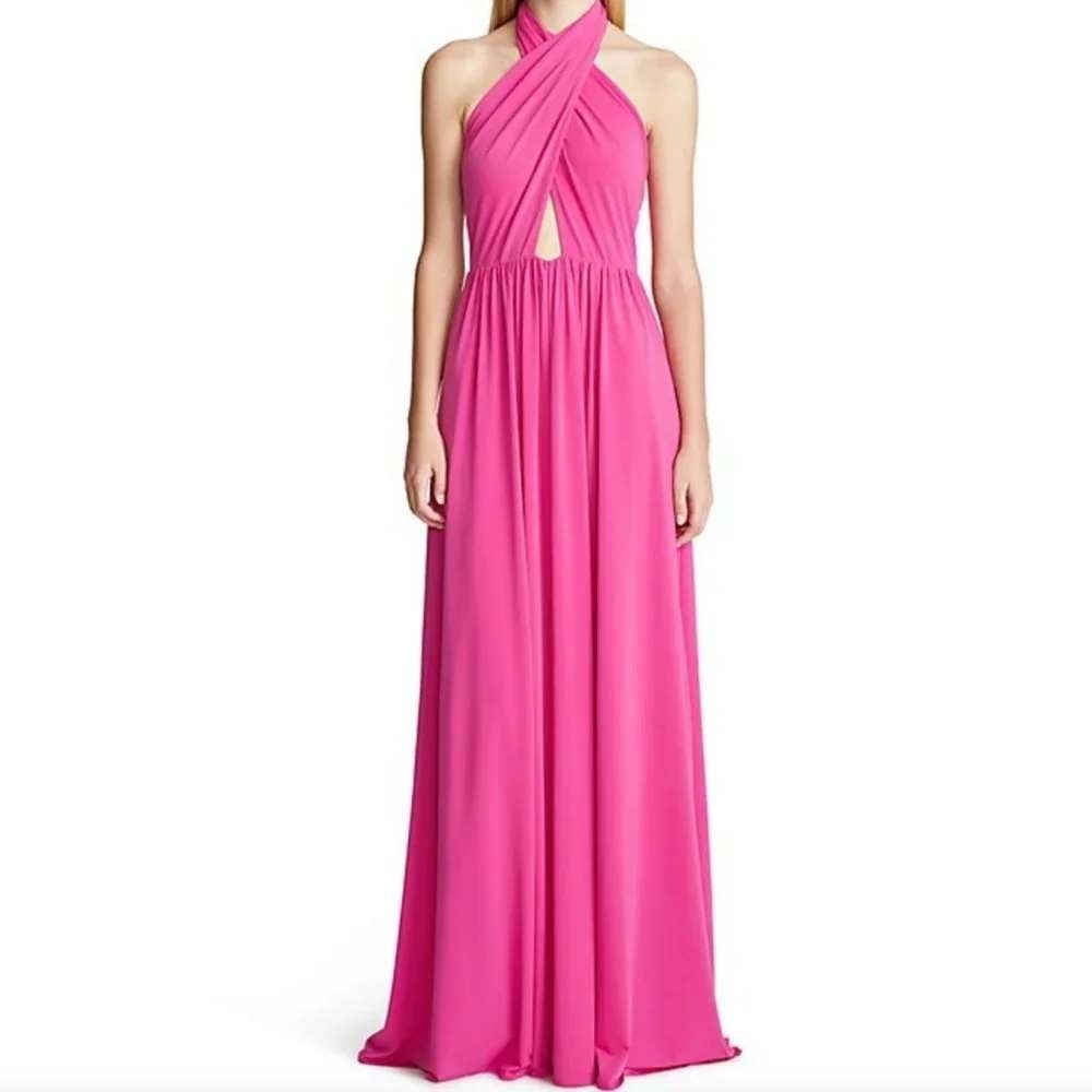 Halston Jenifer Gown 10 NWT Pink Hibiscus Halter Open Back Stretch Jersey Maxi